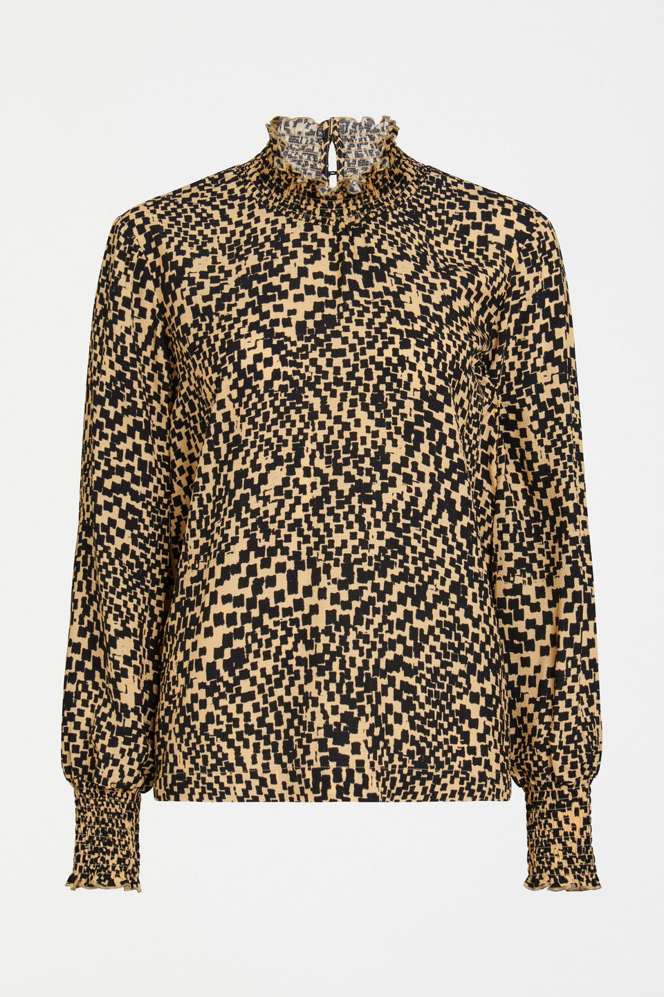 Veda Shirred Neck and Cuff Long Sleeve Top Front | BEIGE SINDA PRINT