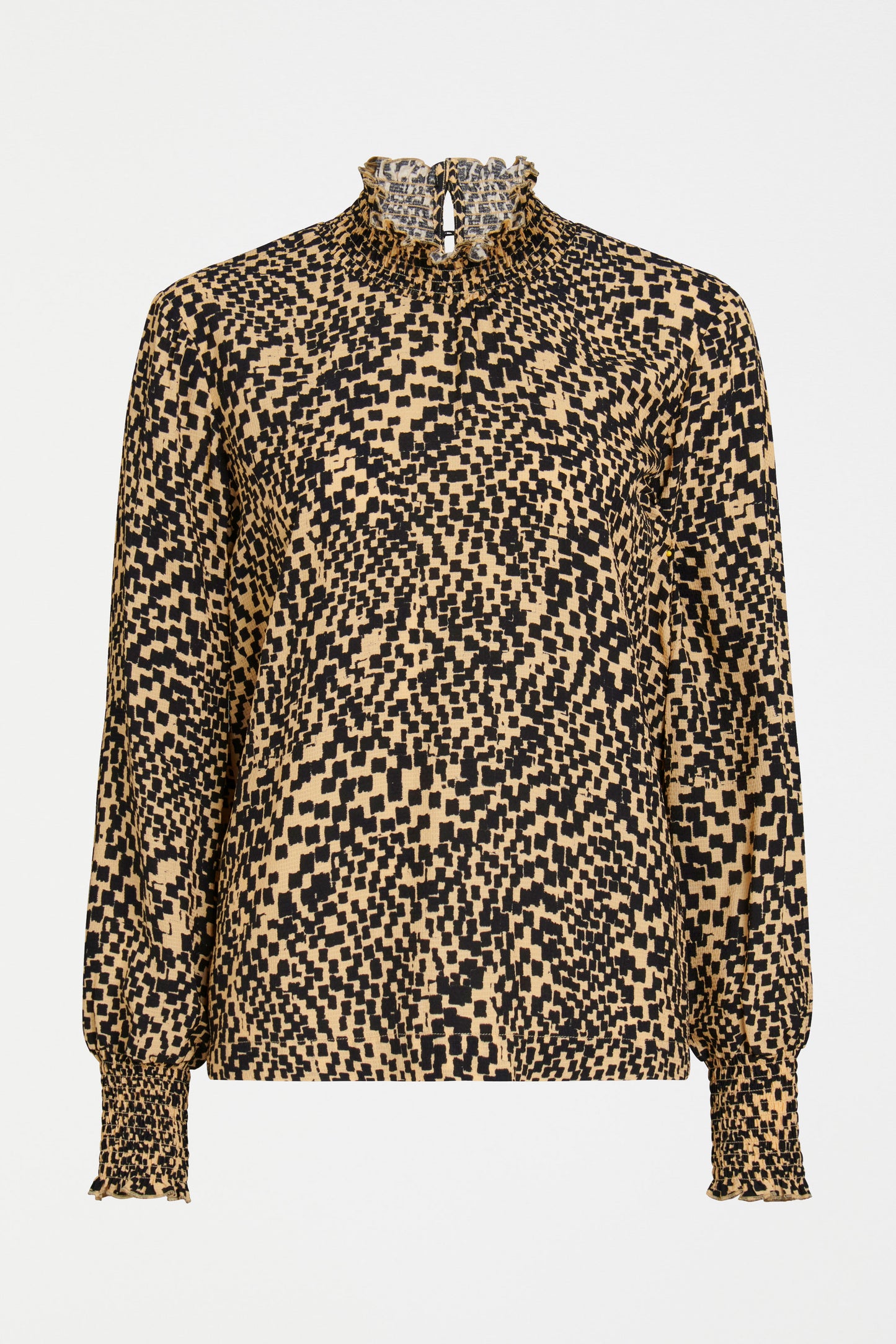 Veda Shirred Neck and Cuff Long Sleeve Top Front | BEIGE SINDA PRINT