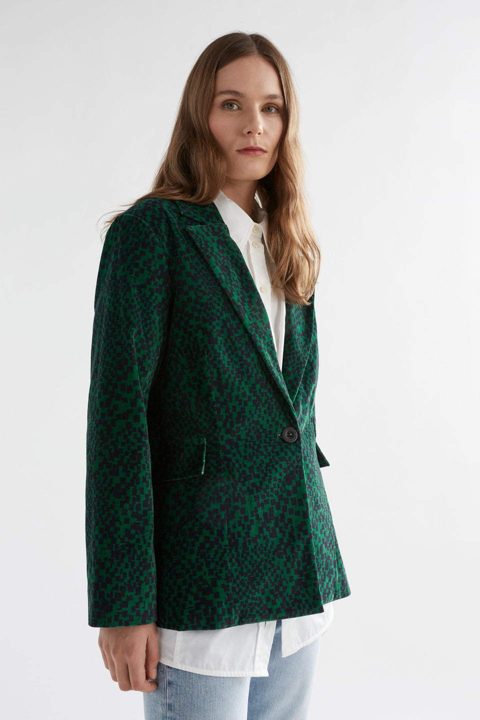 Altes Dark Green Pattern Cut Cord Blazer Jacket Model Front | GREEN SINDA PRINT