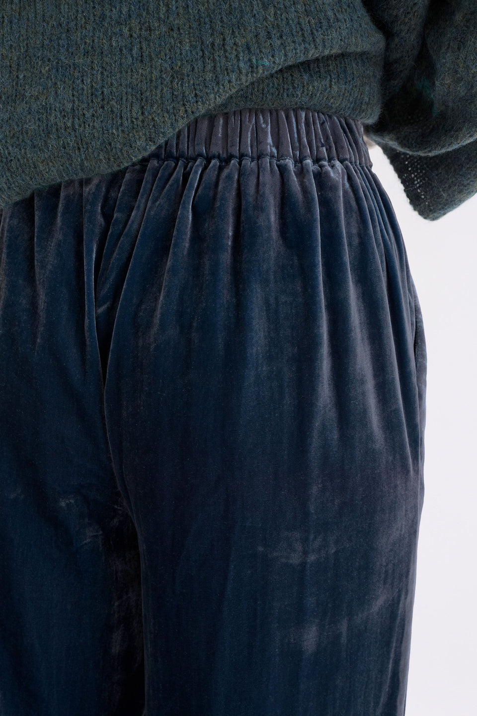 Suuri Velvet Wide Leg Elastic Waist Pant Model Angled Back Detail | BLUE STEEL
