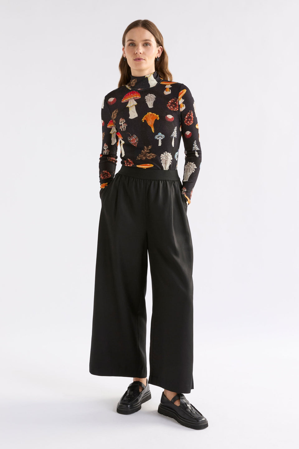 Allem Fine Merino Wool Mushroom Print Skivvy Model Front Full Body | MUSHROOM PRINT