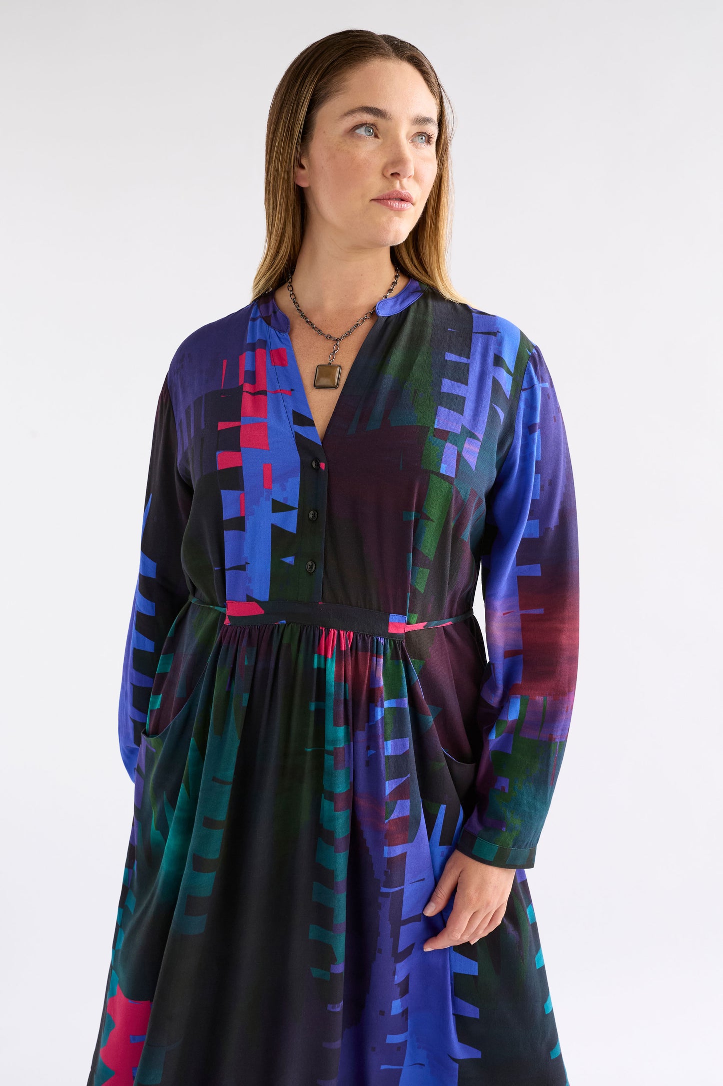 Terrase Print Waisted Midi Shirt Dress Model Chanel Front detail | LOOM PRINT