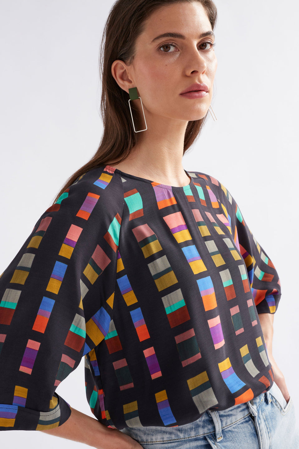 Malo Wide Sleeve Raglan Print Top Model Side Detail | TESSELA PRINT