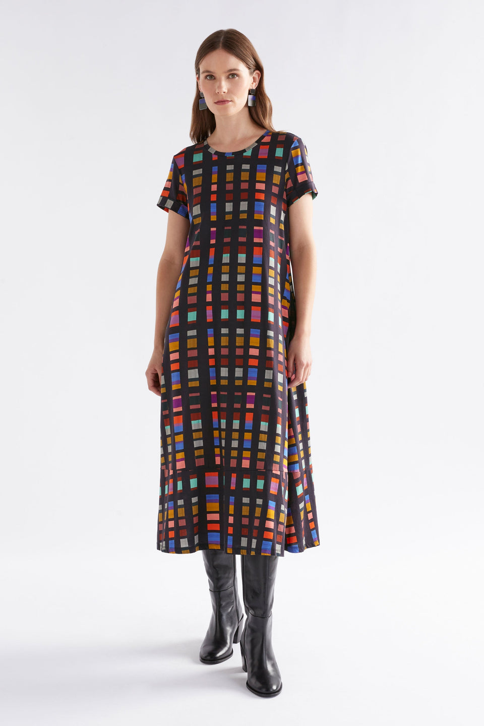 Haki Long Organic Cotton Jersey Print Tshirt Dress Model Front | TESSELA PRINT
