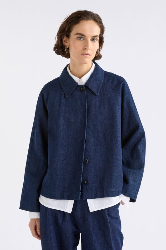Decla Denim Jacket on Model Detail | DARK BLUE WASH