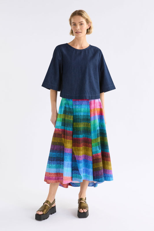 Gia Multi Colour Stripe Print A-line Midi Skirt Model Front | KOMI PRINT