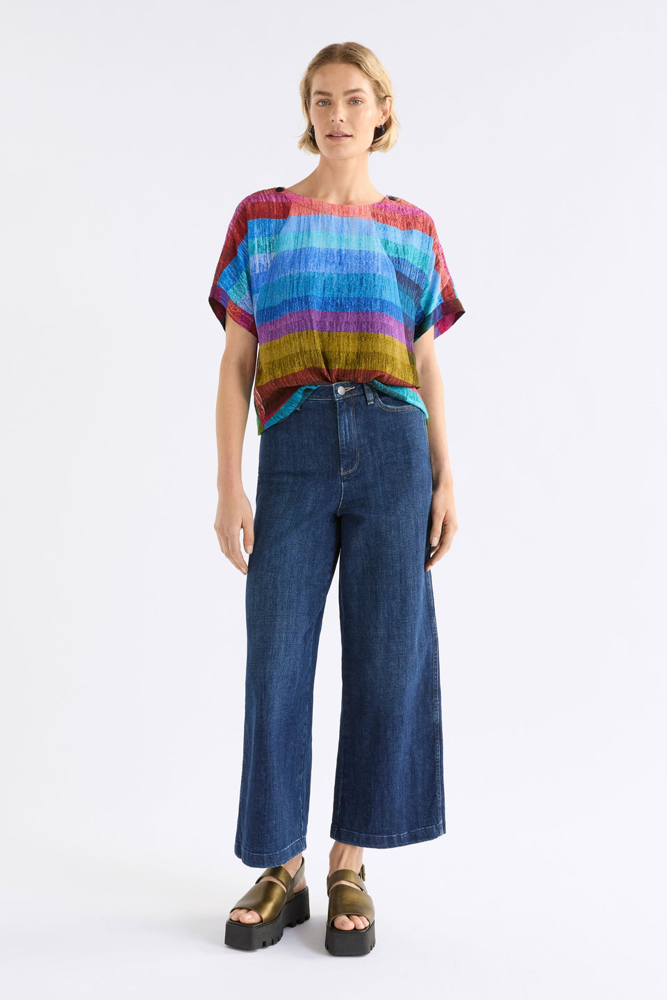 Sono Multi-coloured Stripe Print Round Neck Top with button detail Model Front  Full body Tucked | KOMI PRINT