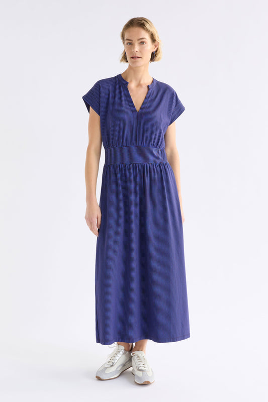 Evve V-Neck Midi Cotton Jersey Stripe Summer Waisted Dress Model front | CHOCOLATE COBALT