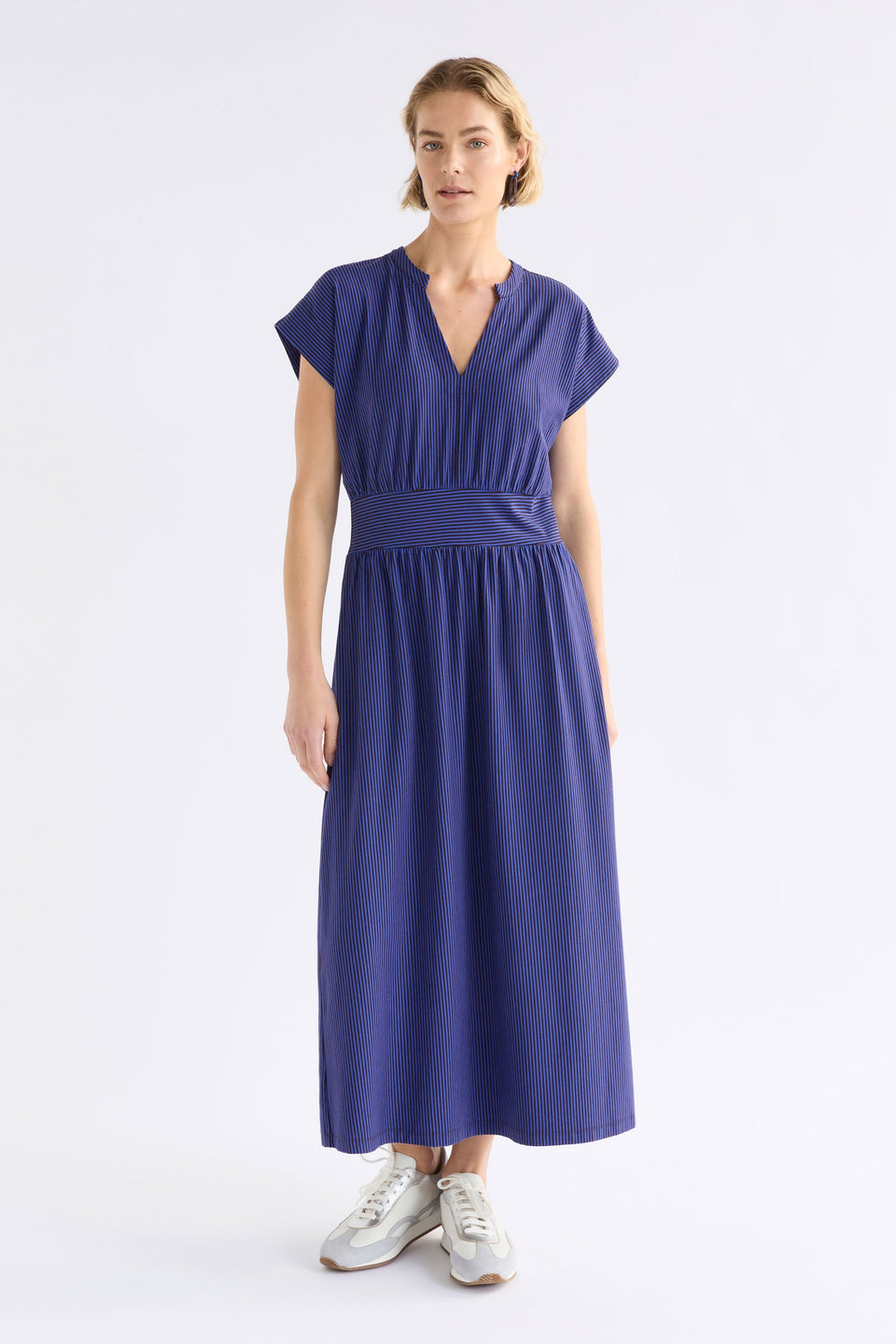 Evve V-Neck Midi Cotton Jersey Stripe Summer Waisted Dress Model front | CHOCOLATE COBALT