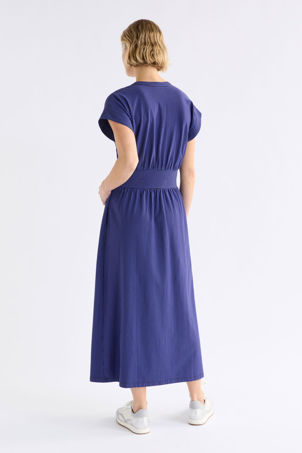 Evve V-Neck Midi Cotton Jersey Stripe Summer Waisted Dress Model back | CHOCOLATE COBALT