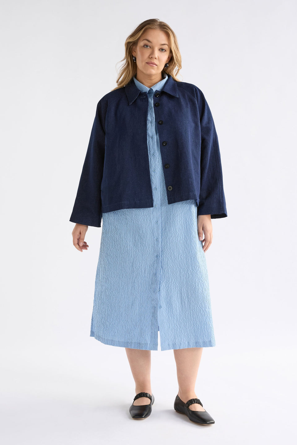 Erden Shirt Dress on Model styled with jacket | CHAMBRAY