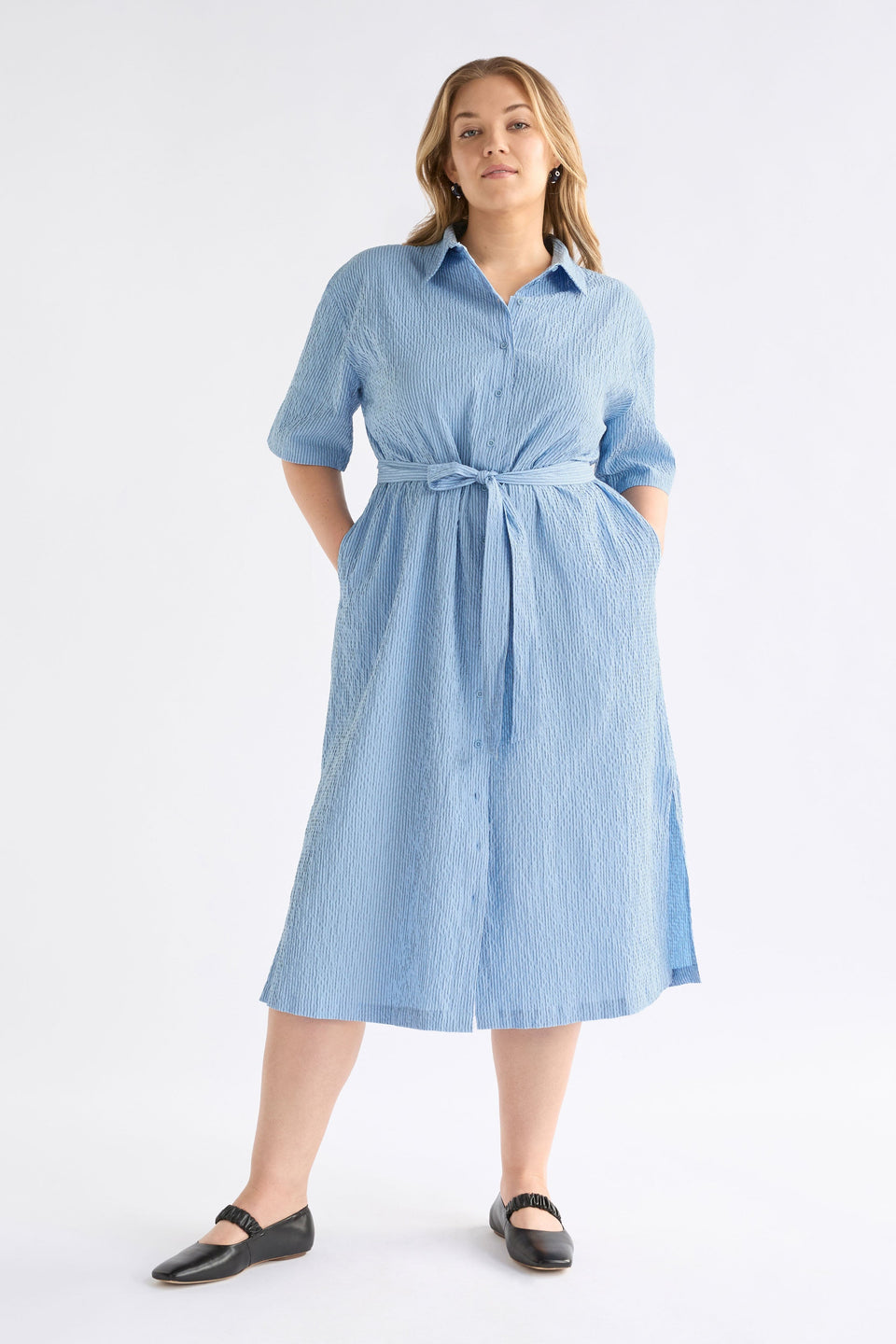 Erden Shirt Dress on Model styled with shoes | CHAMBRAY
