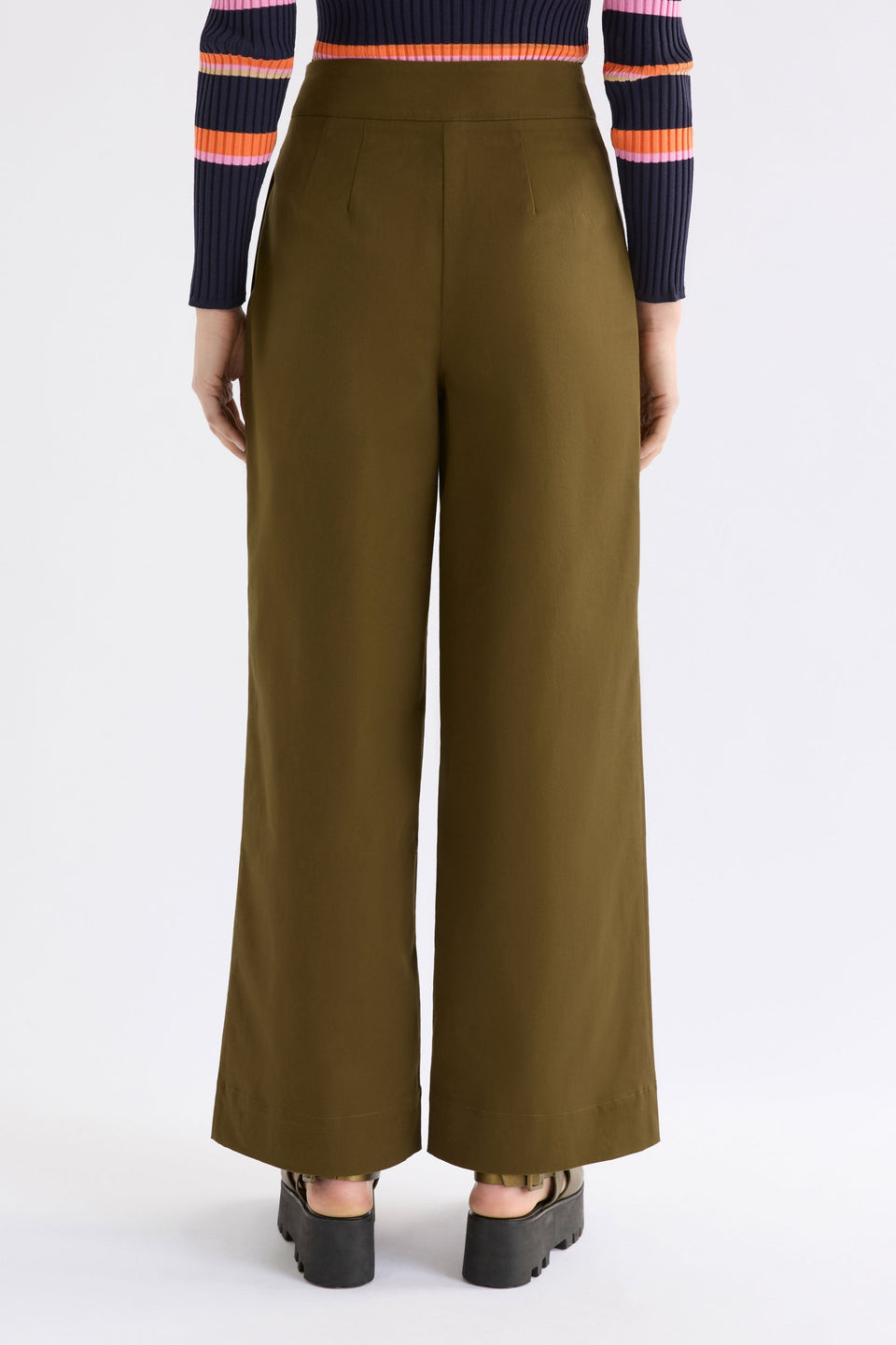 Ellem High Rise Cotton TENCEL stretch Tailored Women's Pant Model back | OLIVE