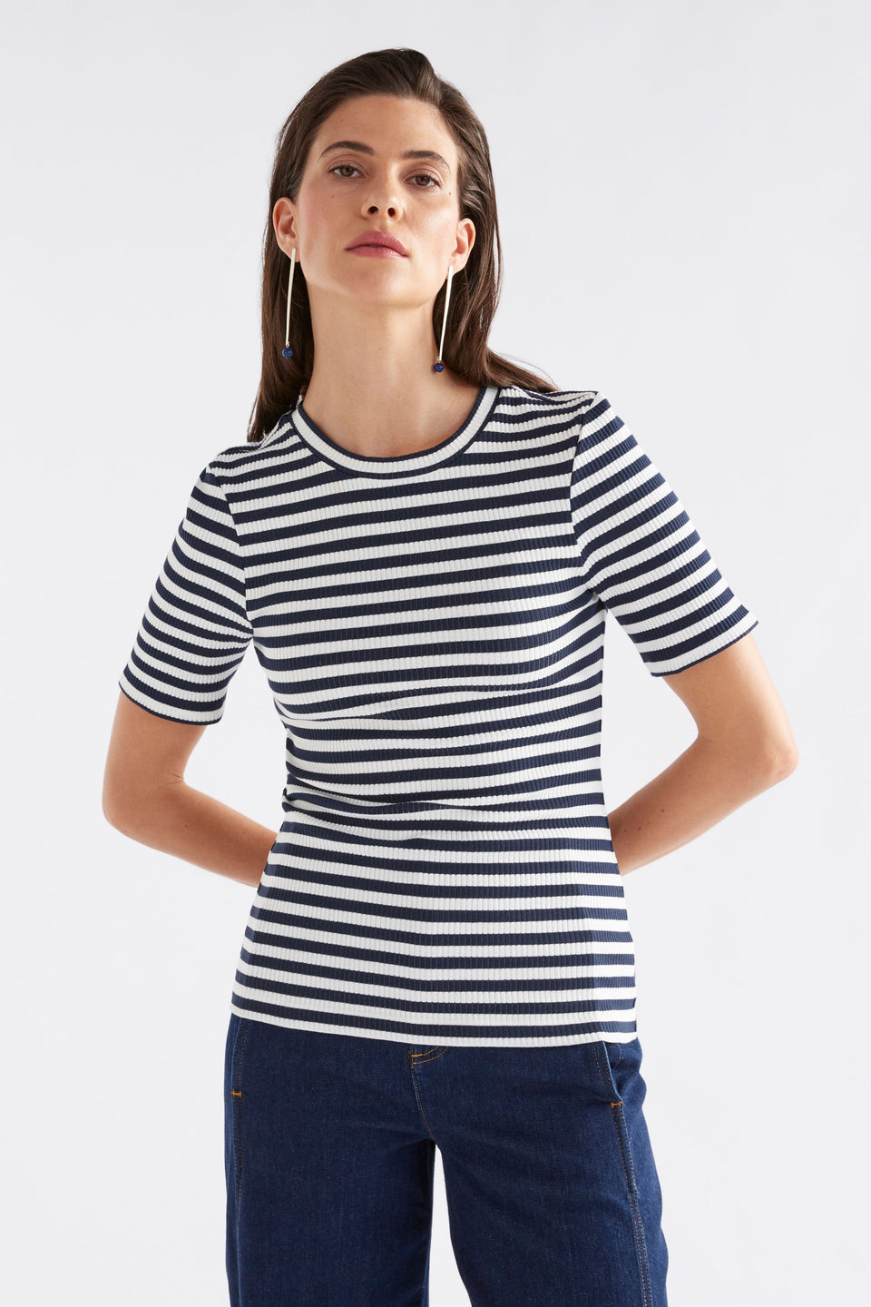 Kullan Organic Cotton Fitted Ribbed T-Shirt Model Front | WHITE INK STRIPE