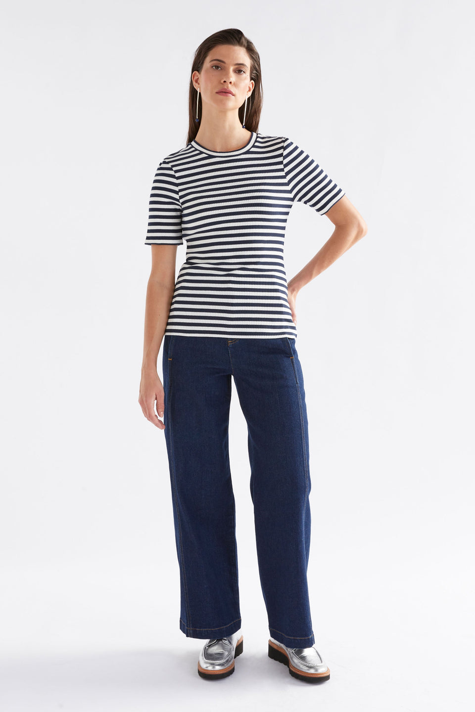 Kullan Organic Cotton Fitted Ribbed T-Shirt Model Front Full Body | WHITE INK STRIPE