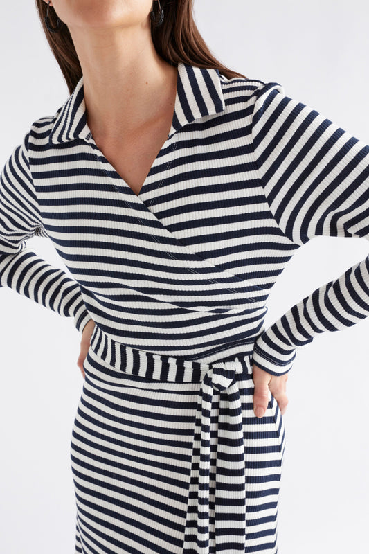 Kullan Organic Cotton Ribbed Wrap Collared Long Sleeve Dress Model Front Detail | WHITE INK STRIPE