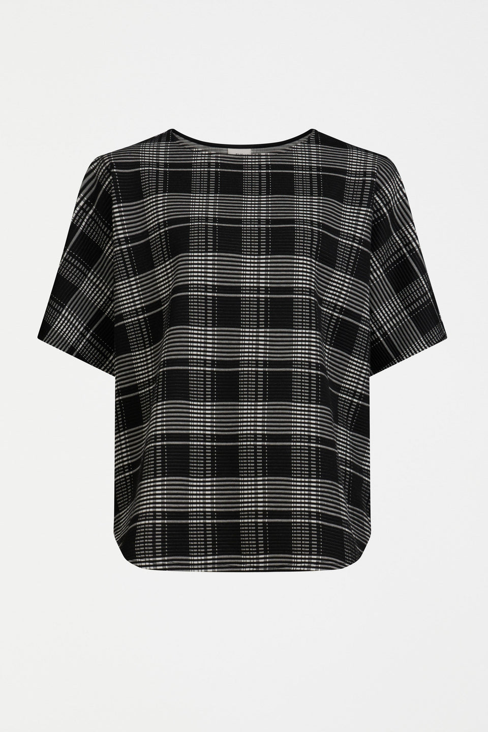 Mairea Jacquard Textured Check Stretch Tshirt Front |  BLACK WHITE CHECK
