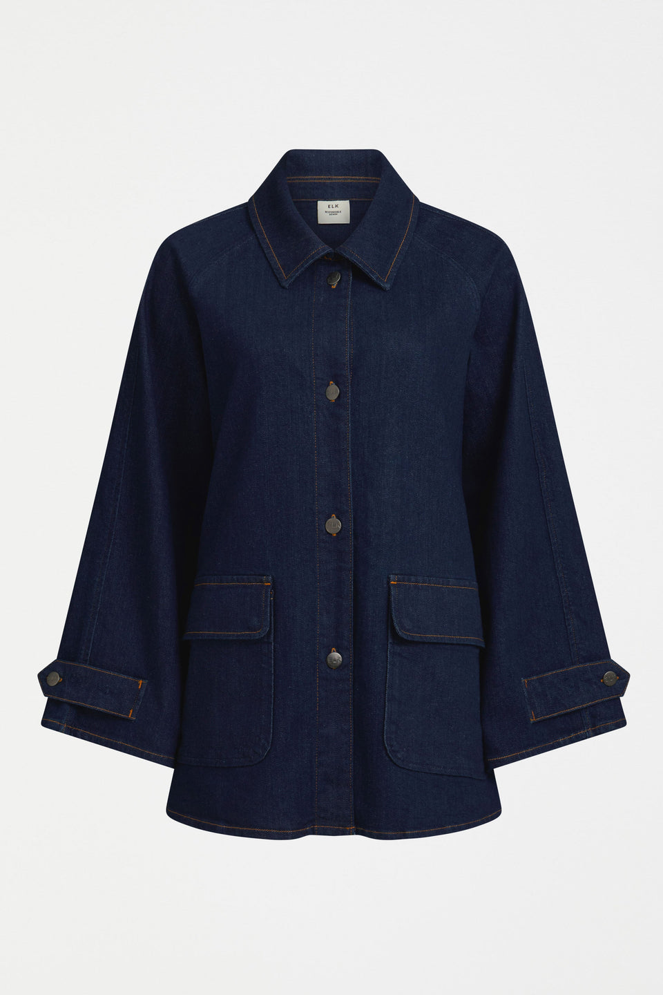 Myes Relaxed Look Denim Jacket with Patch Pockets and Contrast Stitching Front | DARK BLUE WASH