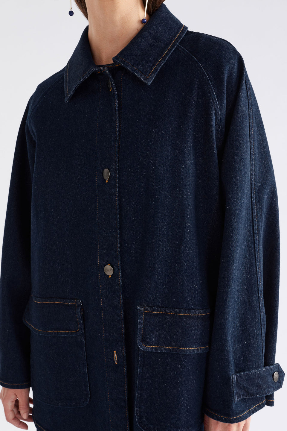 Myes Relaxed Look Denim Jacket with Patch Pockets and Contrast Stitching Model Front Crop Detail | DARK BLUE WASH