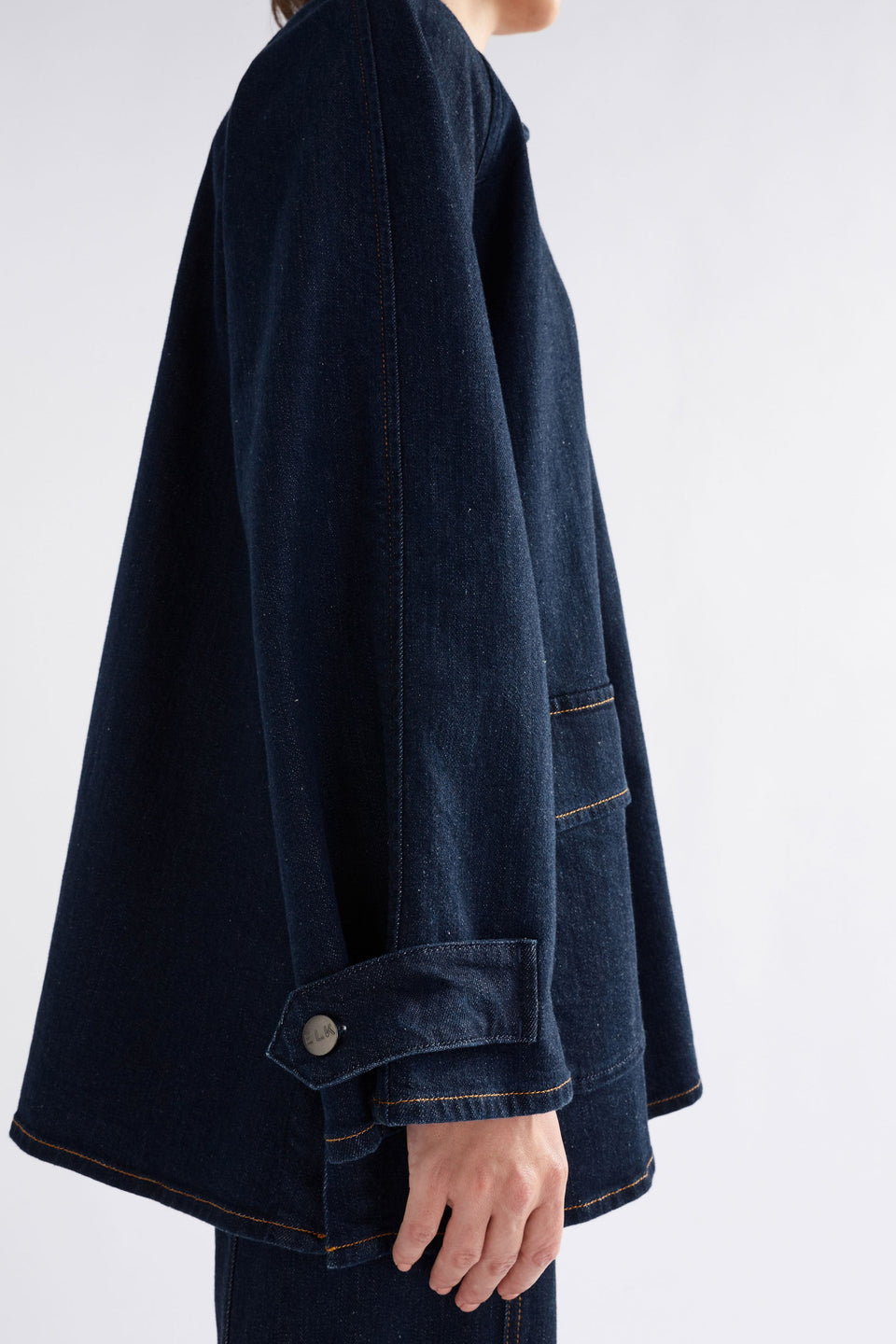 Myes Relaxed Look Denim Jacket with Patch Pockets and Contrast Stitching Side Detail | DARK BLUE WASH