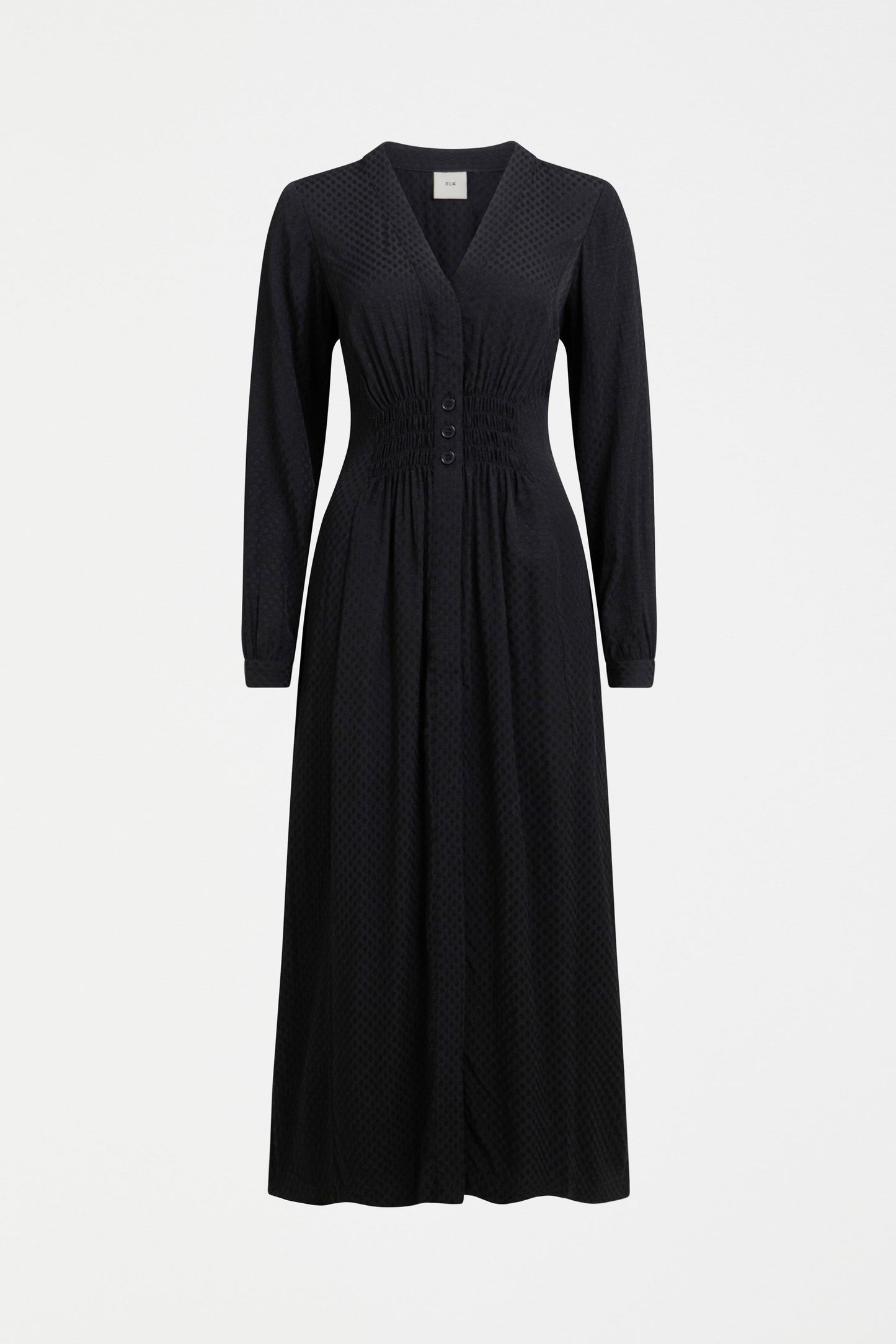 Oben Textured Spot Shirred Waisted Long Sleeve Midi Shirt Dress Front | BLACK