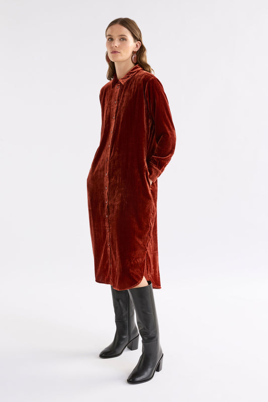 Suuri Velvet Scooped Hem Midi Shirt Dress Model Front | SPICE