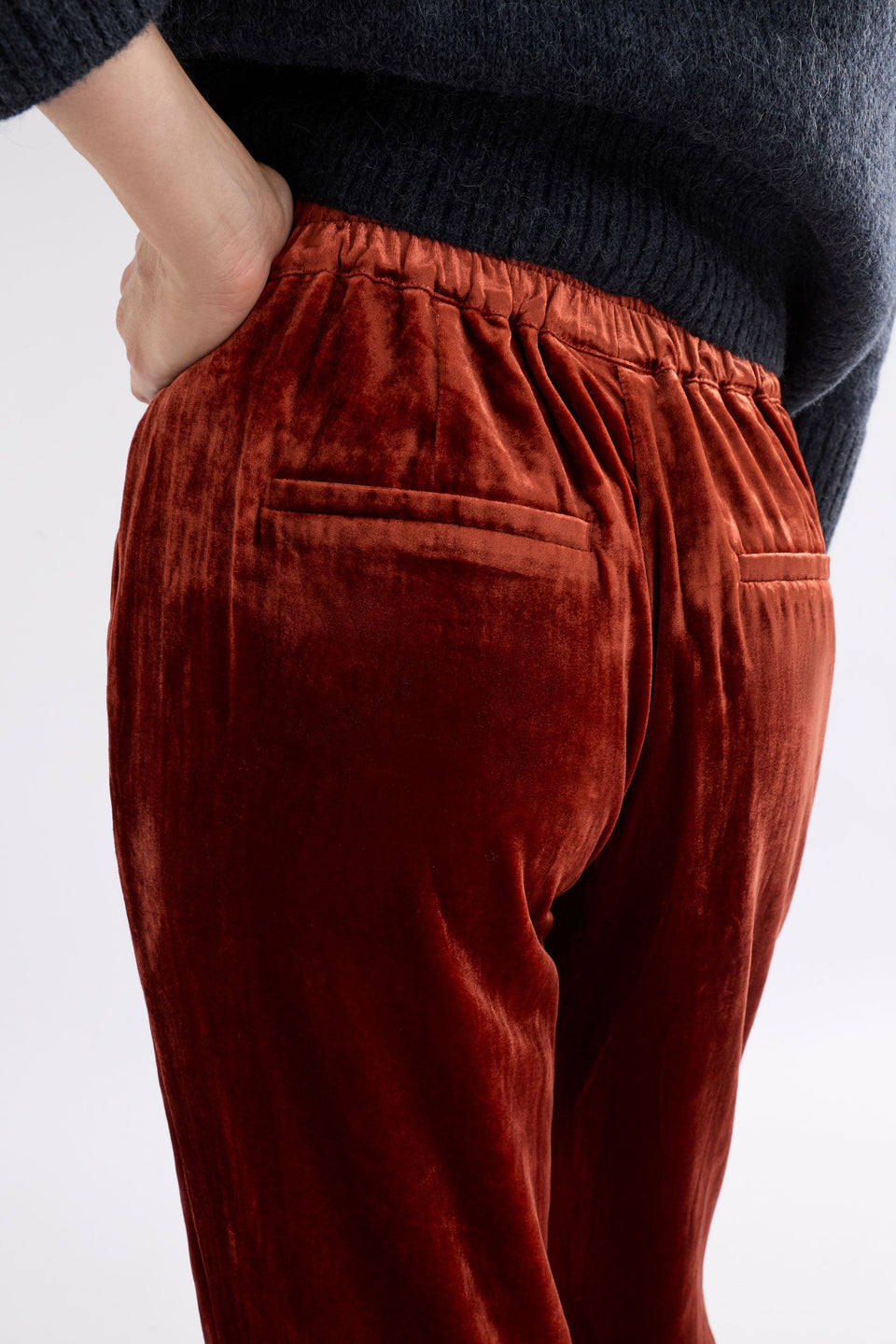 Suuri Flat-Front Waistband Tapered-Leg Velvet Pant Model Back Detail | SPICE
