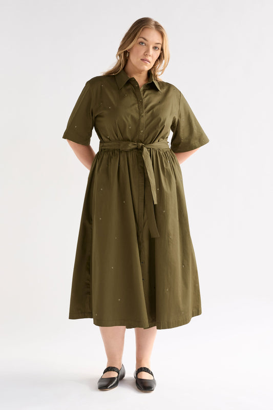 Stuud Organic Cotton Short Sleeve Long Shirt Dress with Stud detail Front on Curve Model | OLIVE