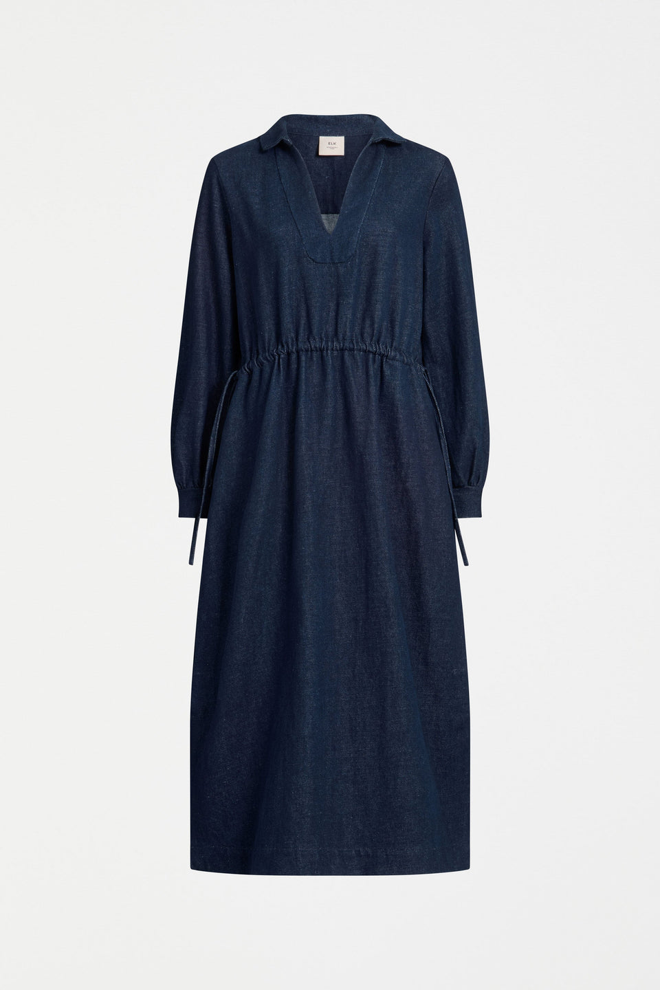 Njolle Denim Collared V-Neck Long Sleeve Midi Waisted Dress Side | INDIGO 