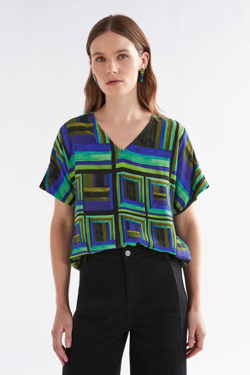 Ideell Silky V-Neck Multi-coloured Print Top Model Front Crop | SALONE PRINT