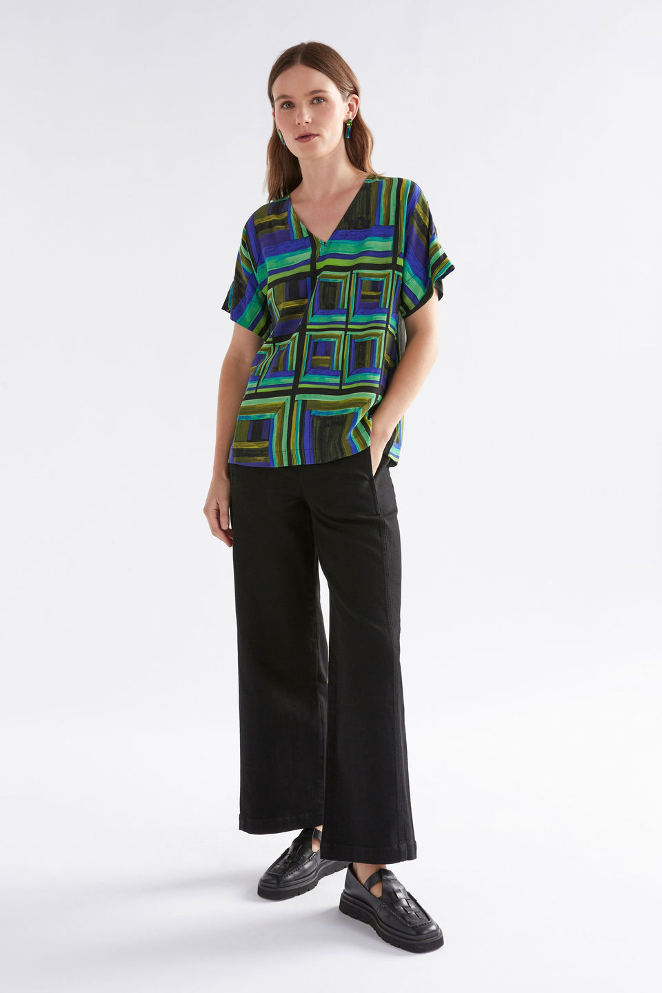 Ideell Silky V-Neck Multi-coloured Print Top Model Front Full Body Untucked | SALONE PRINT