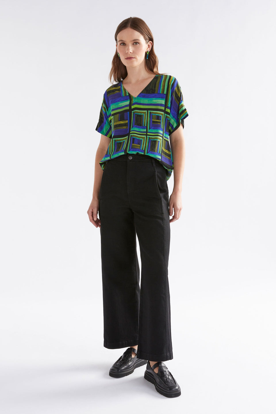 Ideell Silky V-Neck Multi-coloured Print Top Model Front Full Body Tucked | SALONE PRINT