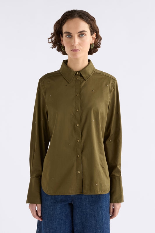 Stuud Organic Cotton Long Sleeve Shirt with all over stud detail  Model Front | OLIVE