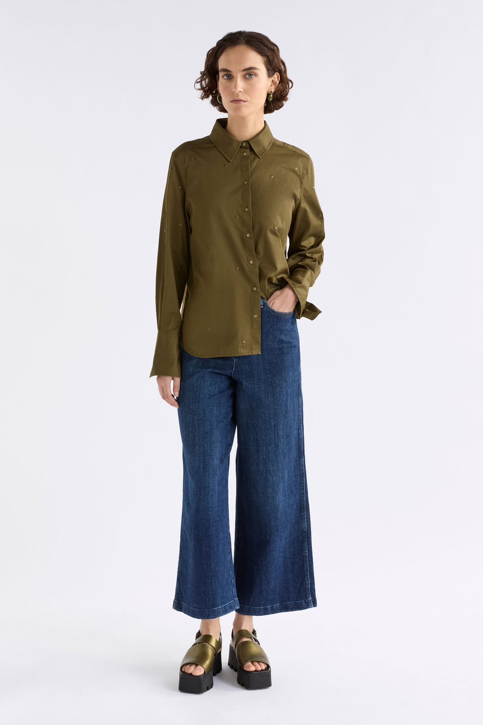 Stuud Organic Cotton Long Sleeve Shirt with all over stud detail  Model Front Full Body | OLIVE