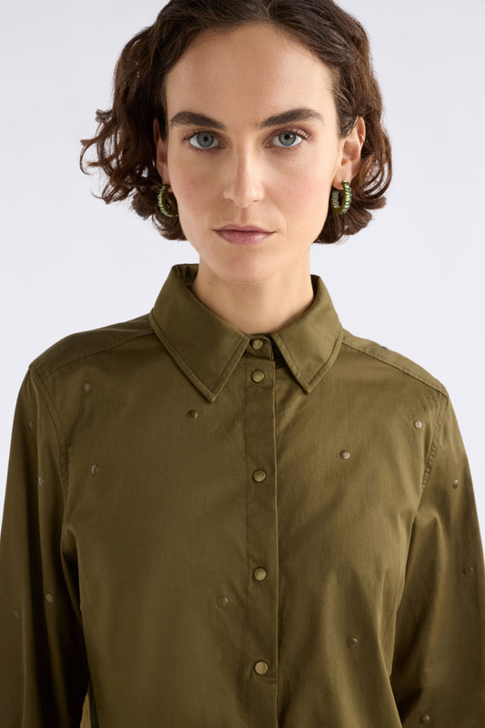 Stuud Organic Cotton Long Sleeve Shirt with all over stud detail  Model Front detail | OLIVE