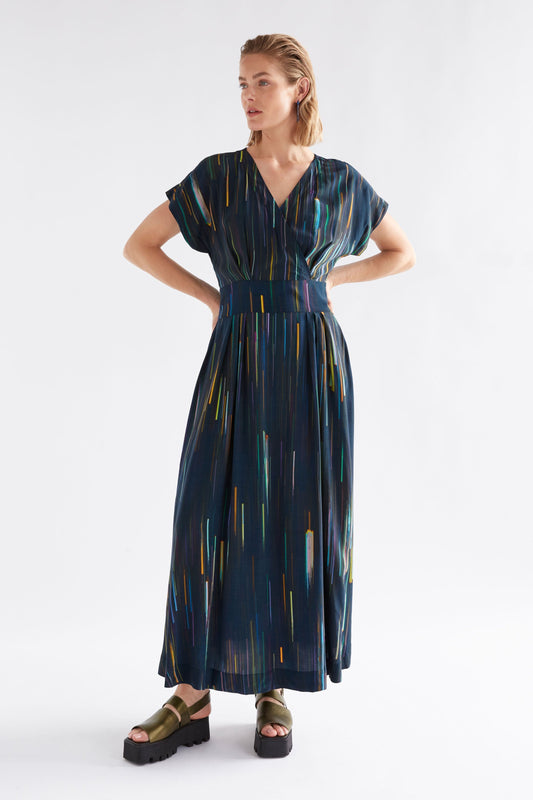 Kayra Print V-Neck Midi Dress Navy Model Front | ALINEA PRINT