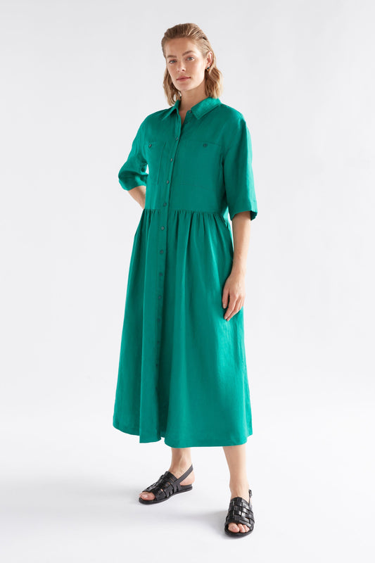 Llinen Long Waisted Short Sleeve Linen Shirt Dress Green Model Front | DEEP TEAL