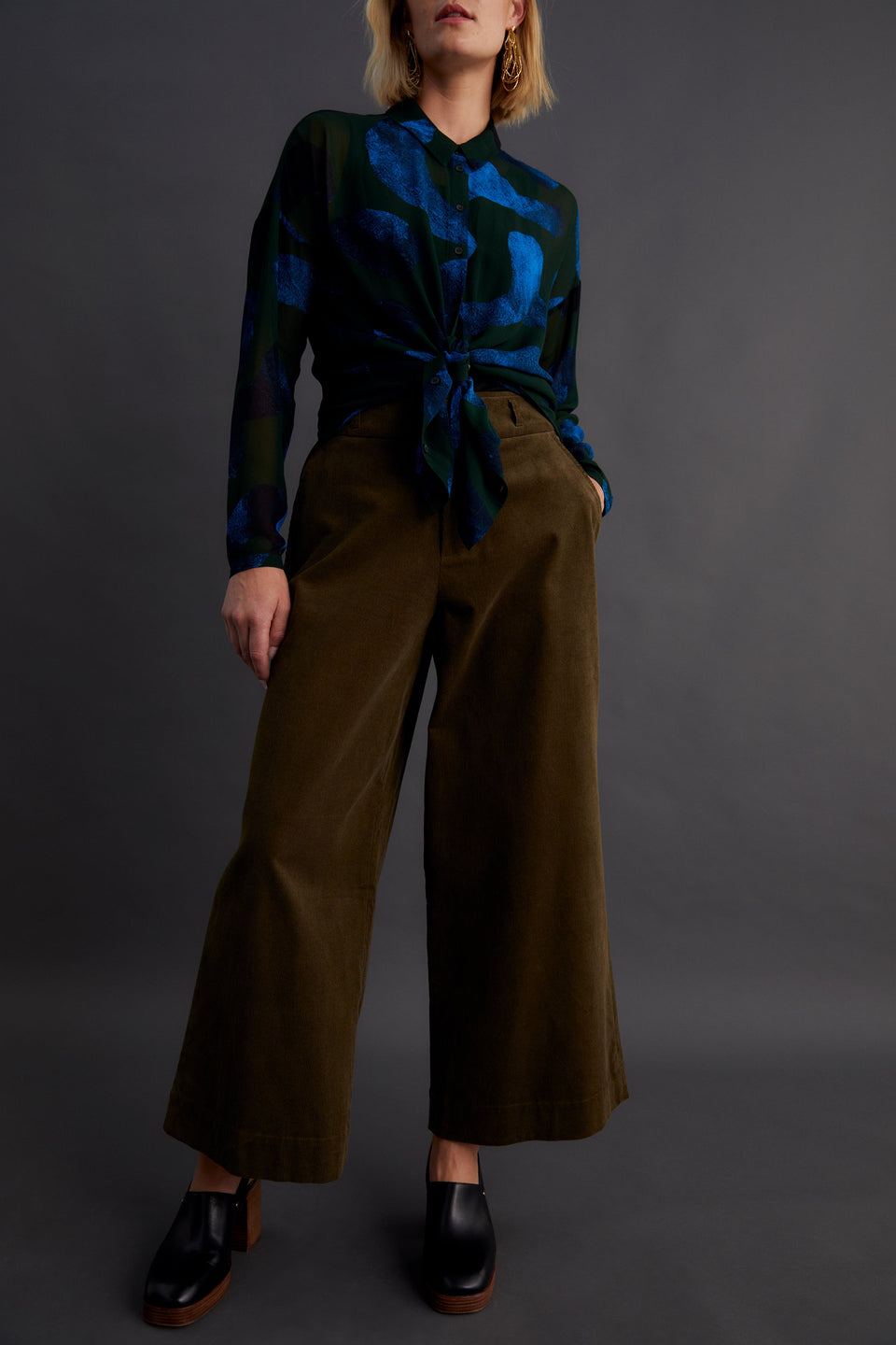 Koord Organic Cotton Wide Leg Corduroy Pant Model Campaign | OLIVINE