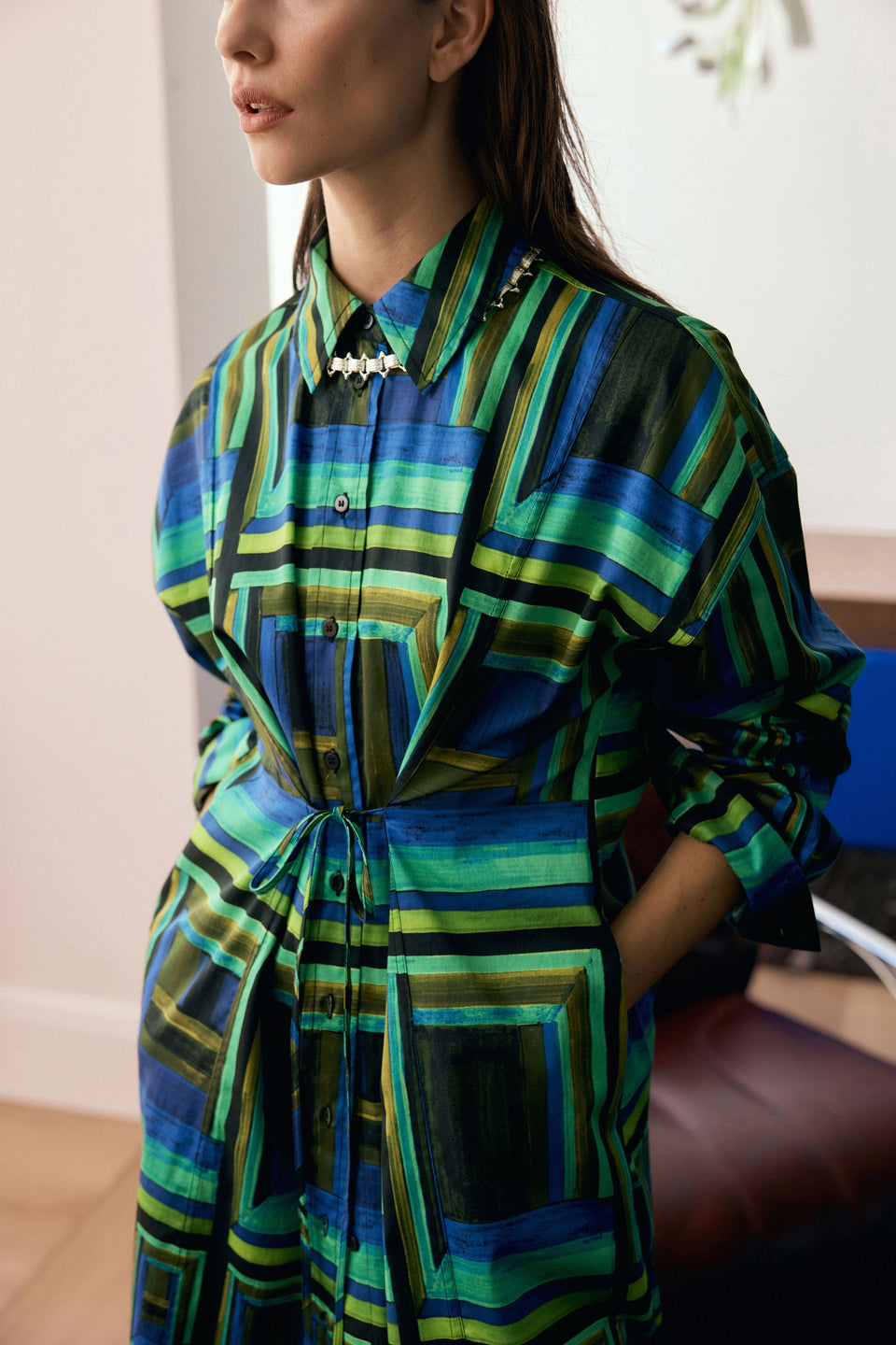 Rodan Organic Cotton Print Long Sleeve Shirt Dress Model Campaign detail | SALONE PRINT