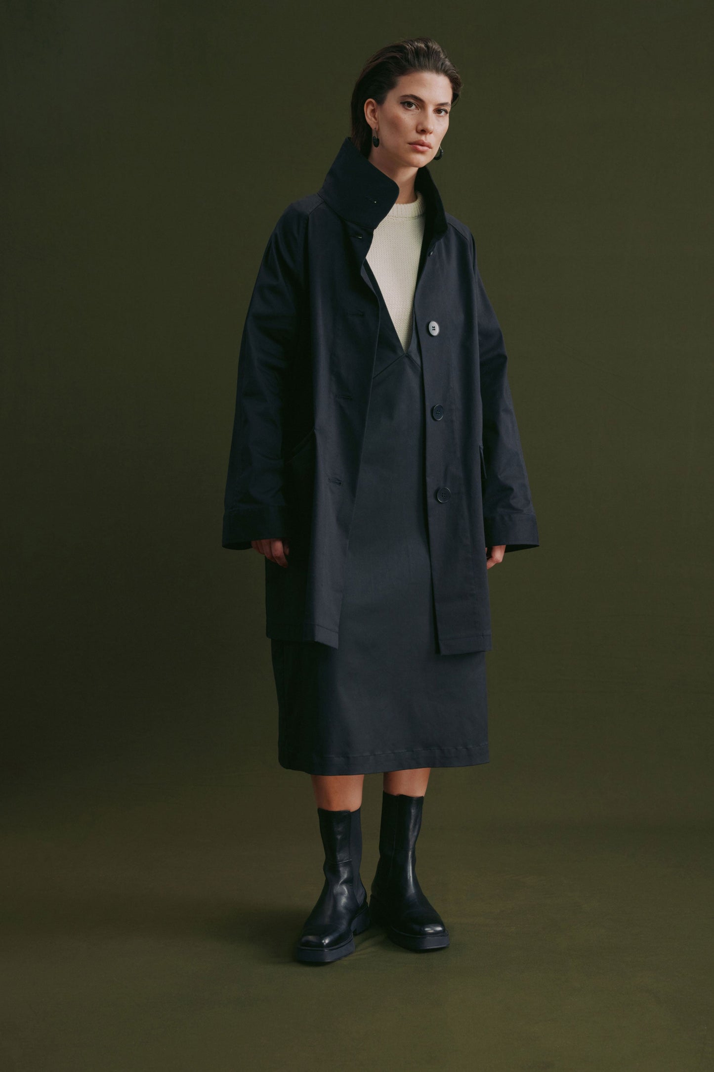 Noodern Organic Cotton Tencel High Neck Midi Button Up Coat Campaign Model | BLACK