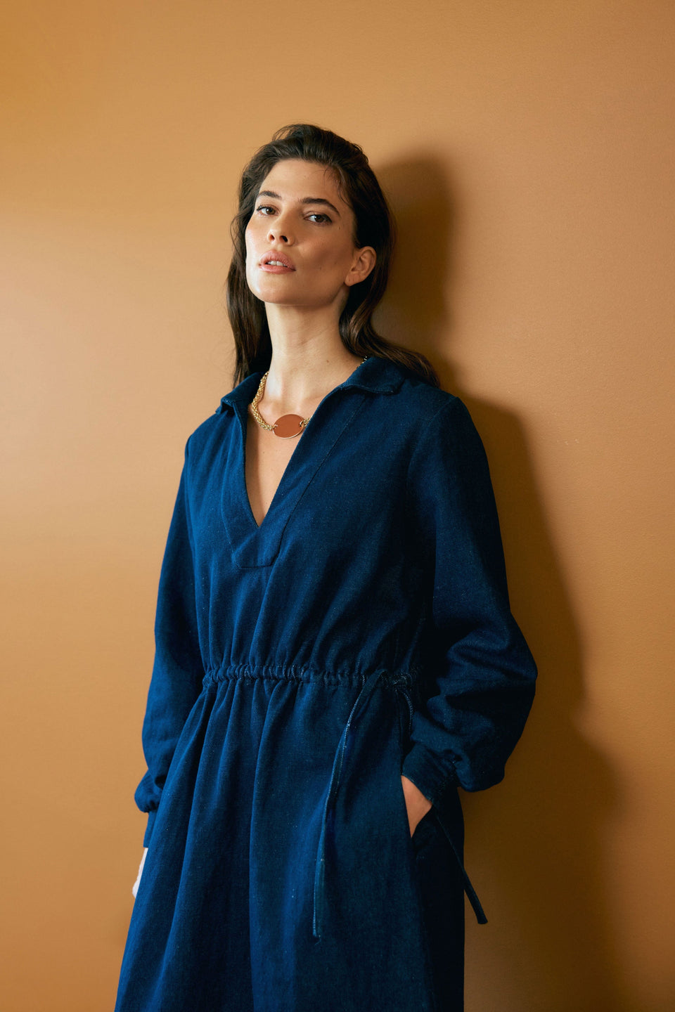 Njolle Denim Collared V-Neck Long Sleeve Midi Waisted Dress Model Front Campaign| INDIGO 
