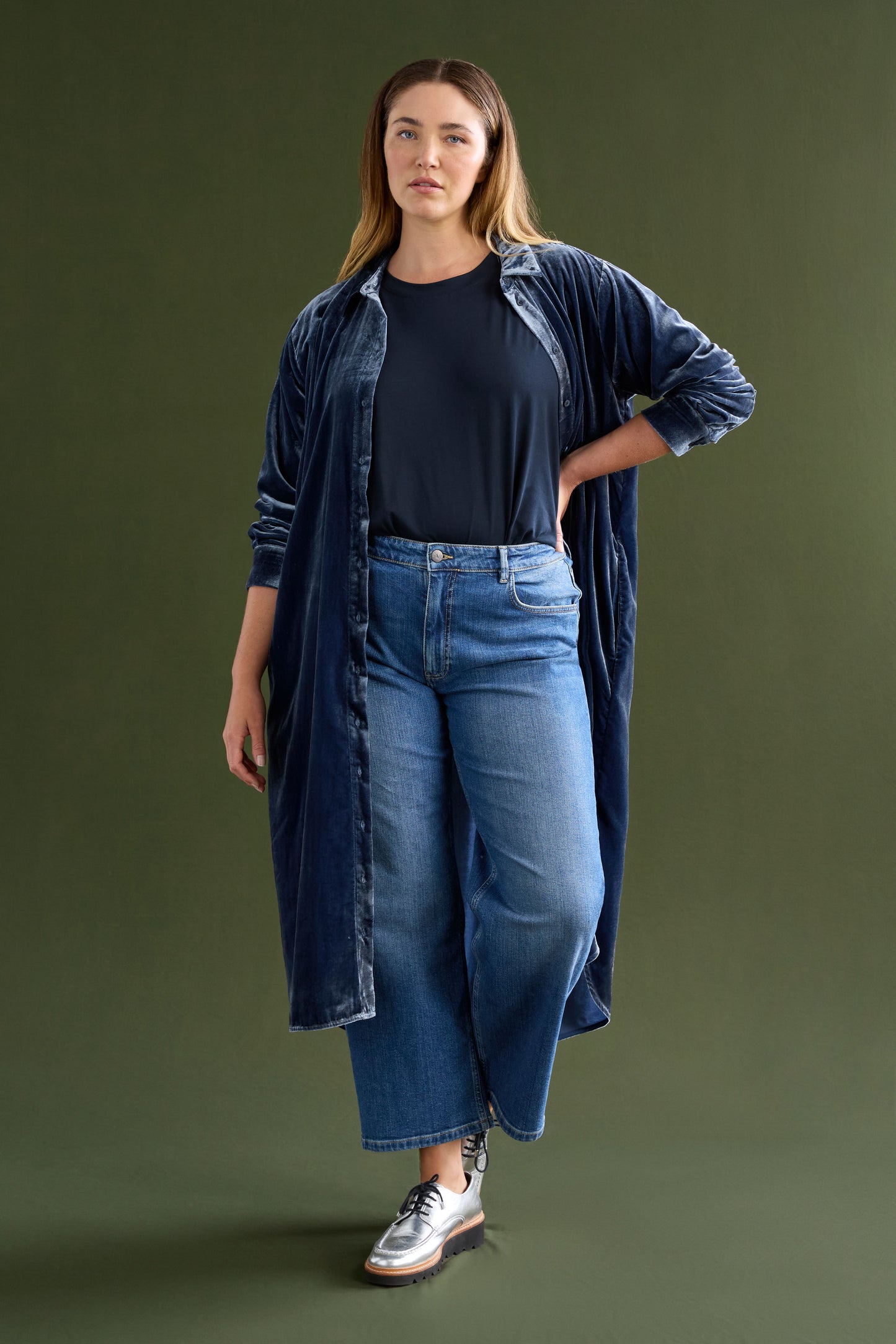 Suuri Velvet Scooped Hem Midi Shirt Dress Model Chanel Campaign Front as jacket 1 | BLUE STEEL