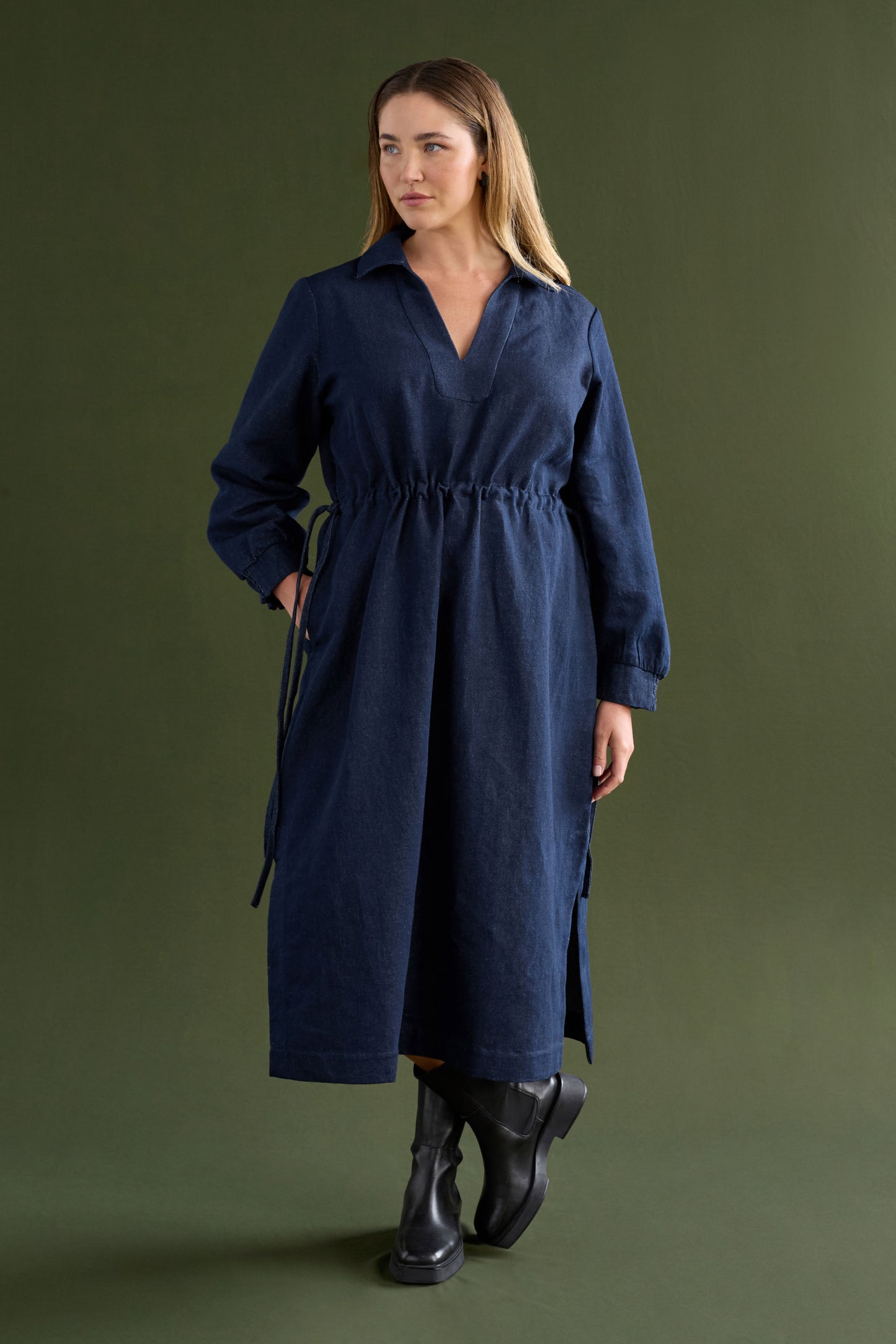 Njolle Denim Collared V-Neck Long Sleeve Midi Waisted Dress campaign Model Chanel Front | INDIGO 