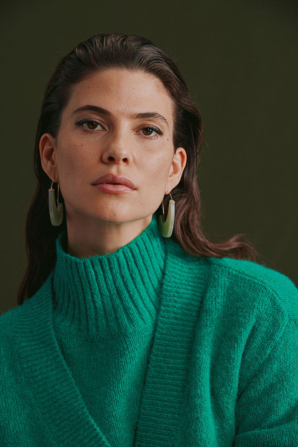 Neve Coloured Sculptural & Bead Fine Metal Hoop Earring Campaign | JADE GREEN