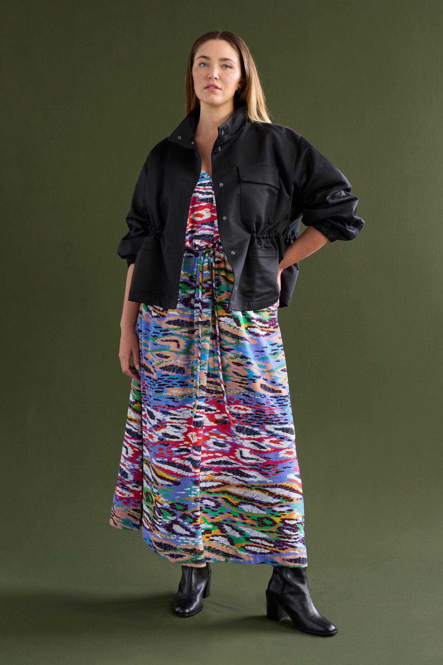 Kobi Cotton Drawstring Waist Short Jacket Curve Model Chanel Front with Essen Dress | BLACK