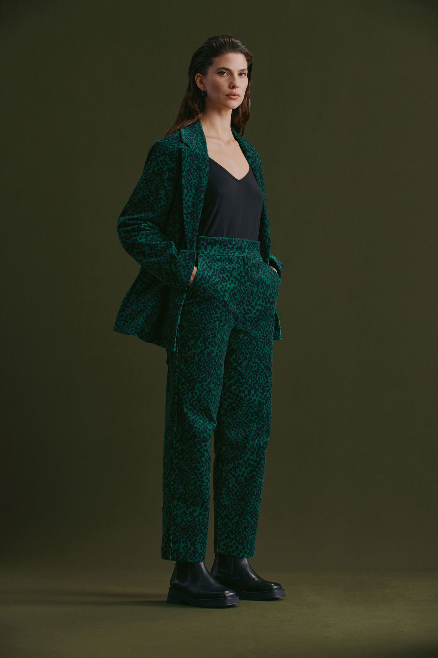 Altes Dark Green Pattern Cut Cord Blazer Jacket Model Front Full Body Campiagn | GREEN SINDA PRINT