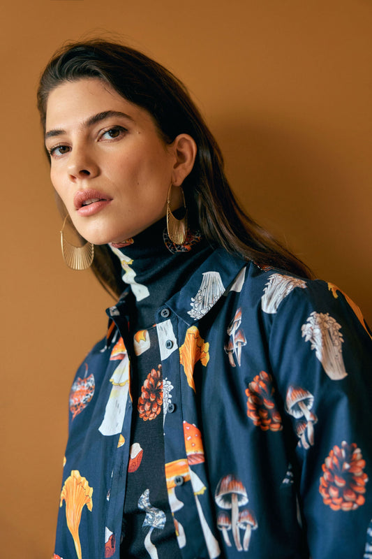 Allem Organic Cotton Mushroom Print Long Sleeve Shirt Model Campaign 2 | MUSHROOM PRINT