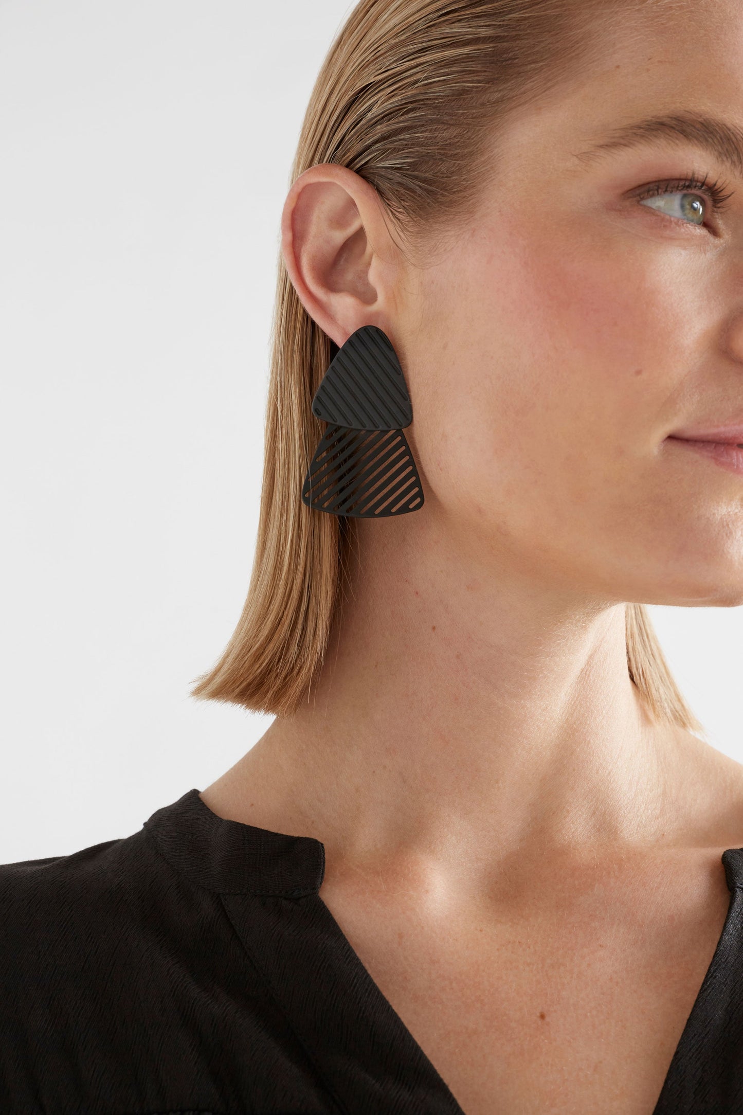 Tri Colour Coated Geometric Lightweight Drop Earring Model Crop | BLACK