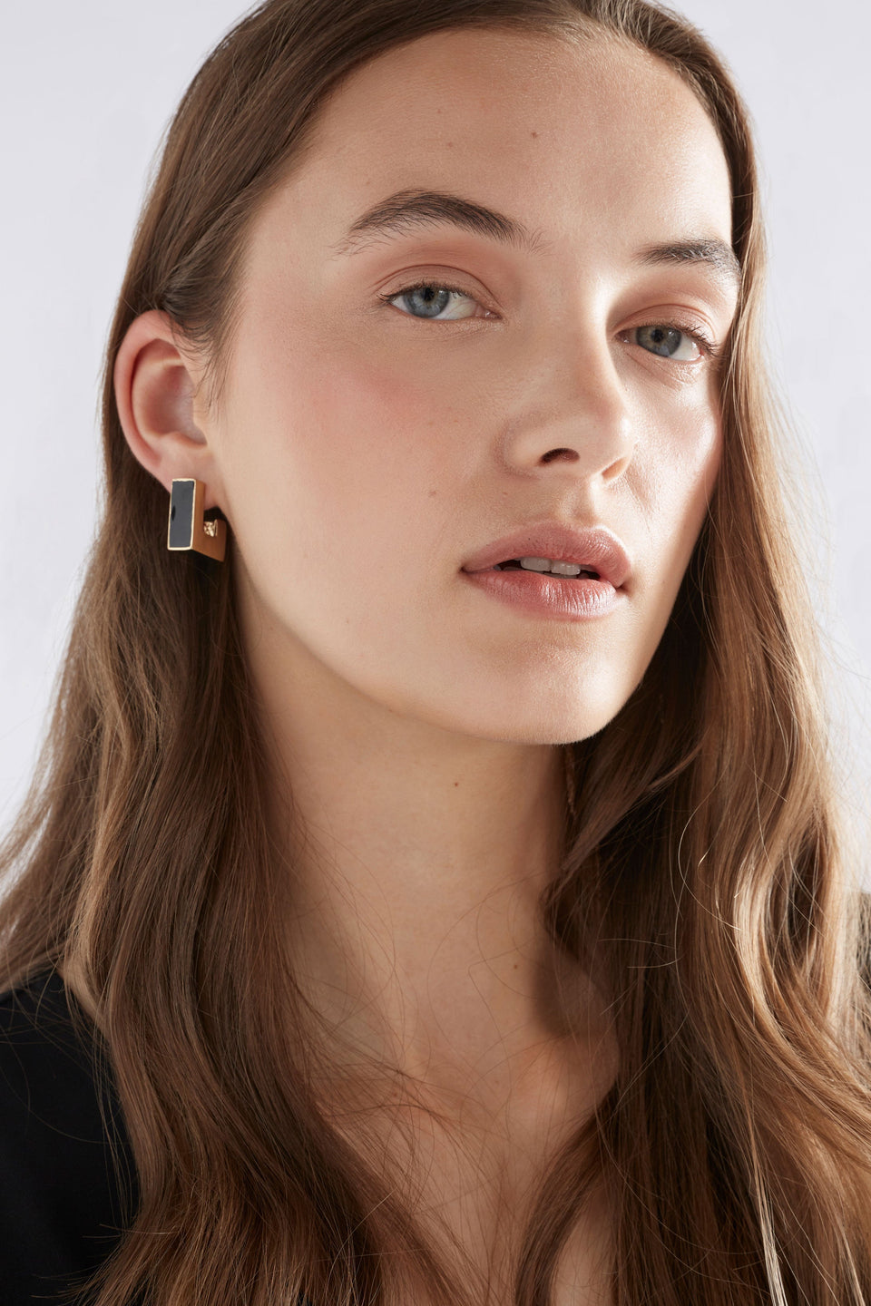 Anas Small Chunky Lightweight Metal and Enamel Square Stud Hoop Earring model | BLACK