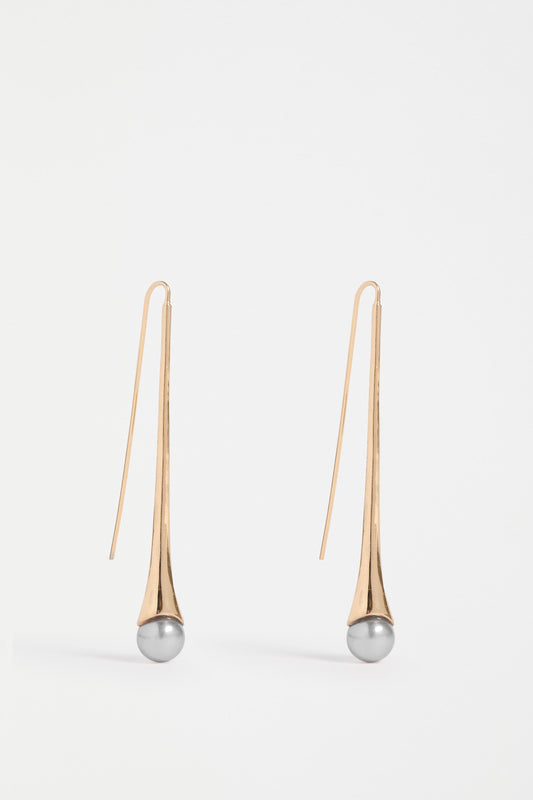 The Orbyn Drop Earring showcases an elongated stem with a faux pearl bead, offering a refined and elegant hook silhouette | GOLD